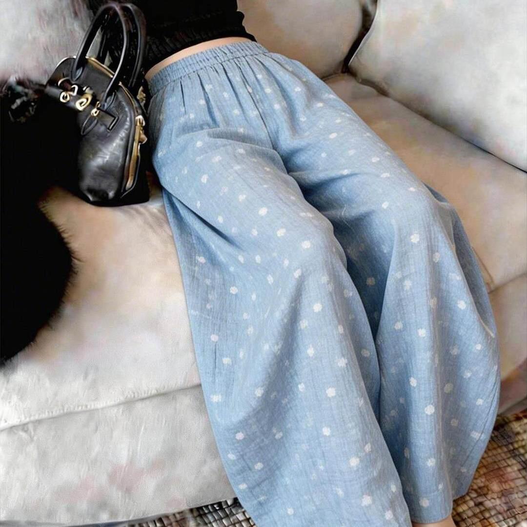 潮牌蓝色碎花休闲阔腿裤子女时尚新款宽松慵懒垂坠高级感直筒长裤