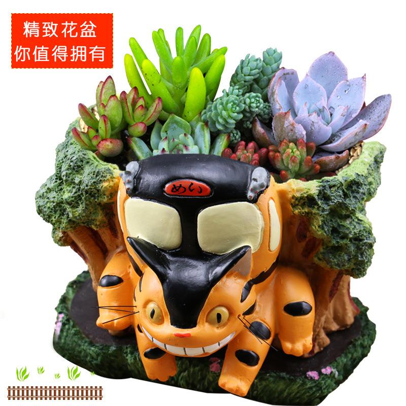 创意卡通多肉植物猫巴士花盆树脂公仔树桩花盆龙猫盆景植物花盆