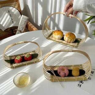 新中式竹编小提篮 围炉冰茶提手茶点水果篮子糕点托盘创意小竹篮