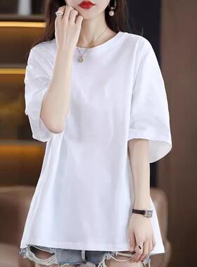 欧洲站纯棉白色短袖T恤女2026新款夏季轻奢中长款宽松丝光棉上衣