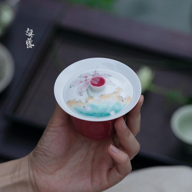 无落丨胭脂红手绘盖碗釉下粉彩塘韵泡茶碗茶室文人茶空间手抓碗家