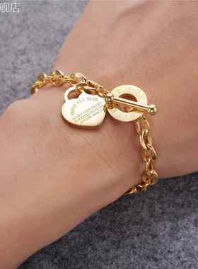 欧美跨境热销时尚百搭不锈钢桃心吊牌 钛钢手链日字扣手链