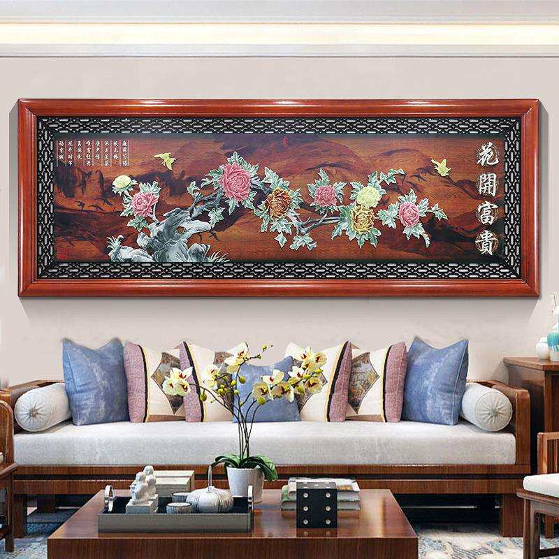 厂家供应 客厅装饰画 240*100实木外框仿玉雕画 中式沙发背景画