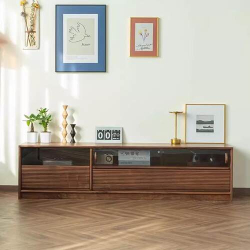 实木电视柜客厅美式复古黑胡桃木地柜电视边柜收纳储物柜组合柜