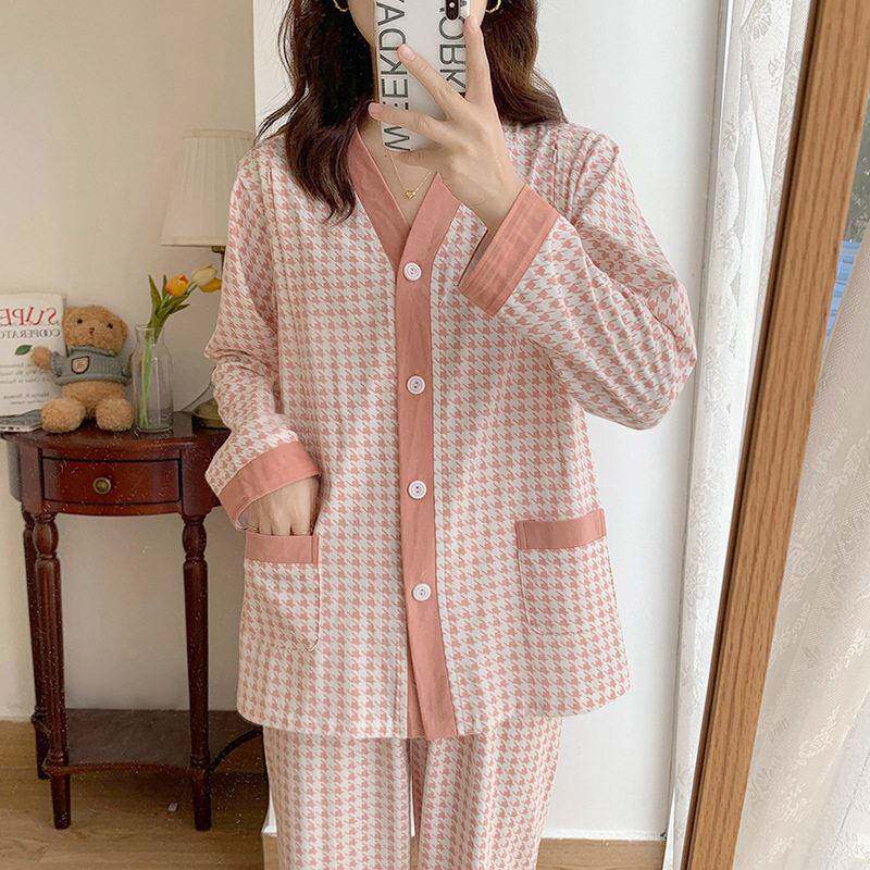春夏纯棉月子服日系居家产前产后开衫薄款孕妇喂奶侧开哺乳家居服