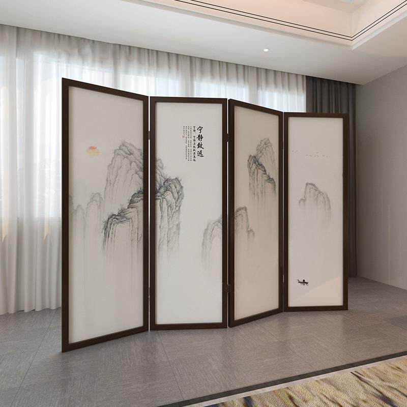 屏风隔断客厅现代简约折叠移动茶室办公室中式折屏实木布艺山水画