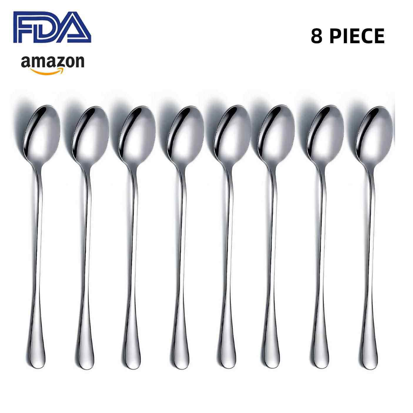 亚马逊8PCS不锈钢冰勺搅拌勺长柄甜品咖啡勺冰淇淋勺鸡尾酒搅拌勺