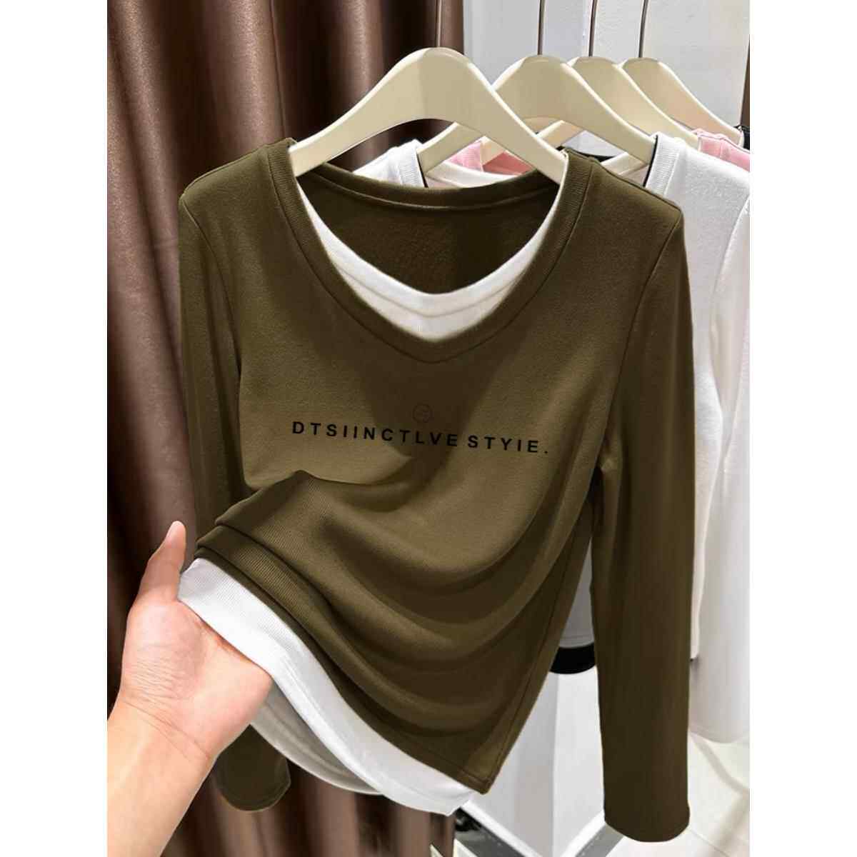 韩国纯棉假两件V领长袖t恤女2025春秋季小众设计感洋气打底衫上衣