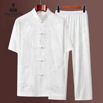 FALVLITE中老年人唐装套装爸爸夏季大尺码中式太极服桑蚕丝爷爷装