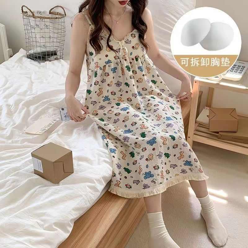 薄款夏季带胸垫吊带睡裙夏季女无袖宽松少女睡衣女外穿家居服代发