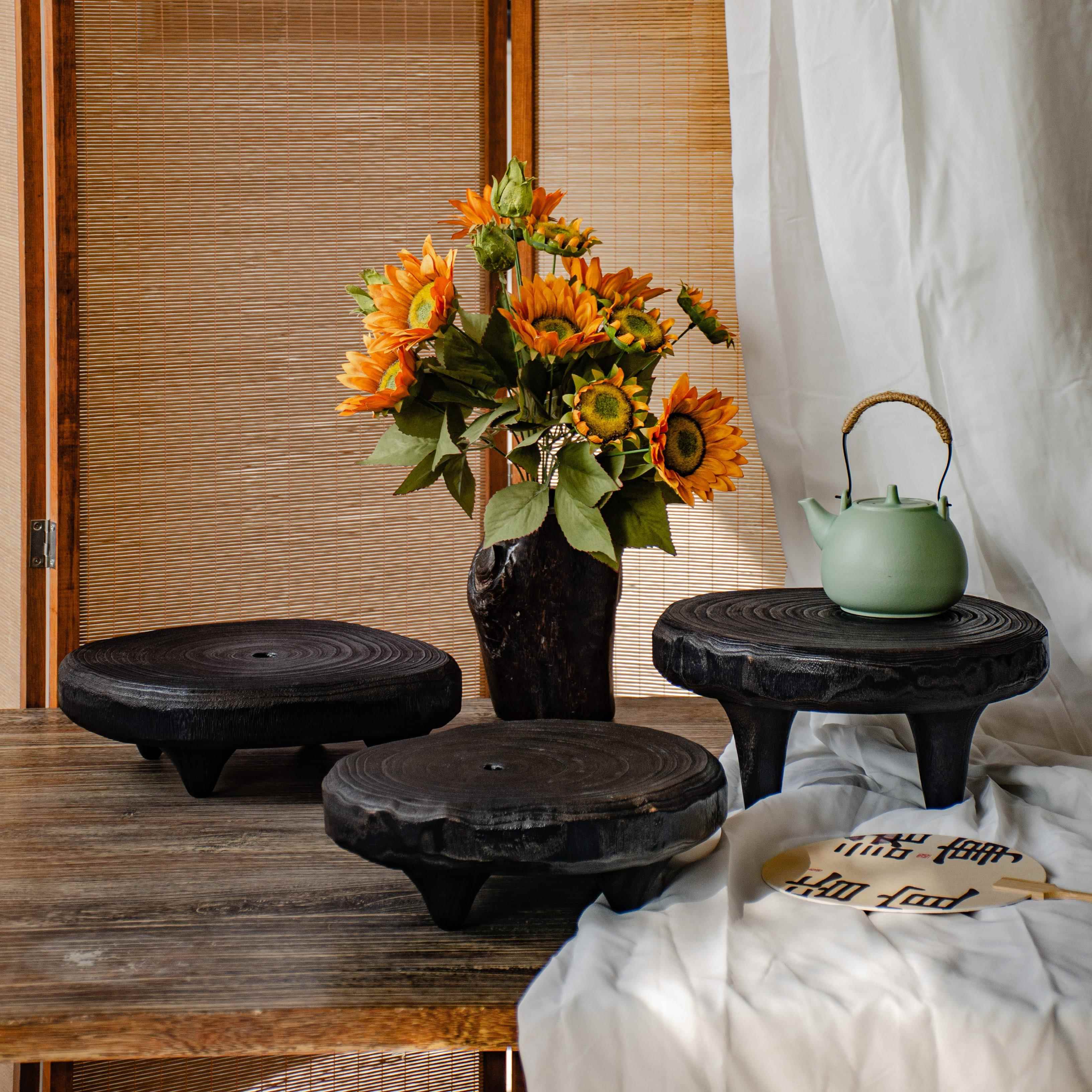 碳化木茶几诧木寂风实木花盆级底座黑墨立色墩盆景家托盘高感软装