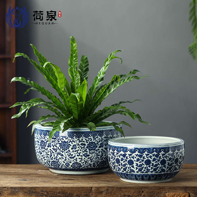 景德镇陶瓷青花瓷聚宝盆瓷缸瓷盆睡莲盆水培鱼缸花钵家居装饰摆件