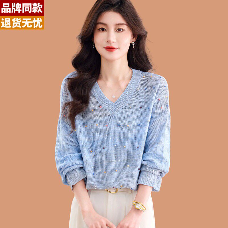 v领冰丝针织衫女长袖t恤2026新款时尚渐变薄短款配裙子桑蚕丝上衣