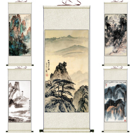 黄山归来不看岳竖幅风景卷轴画黄山迎客松办公室装饰国画宣纸画心