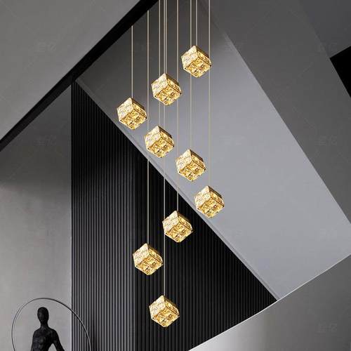 新款 轻奢魔方水晶楼梯吊灯别墅loft中空旋转自建房复式楼长吊灯