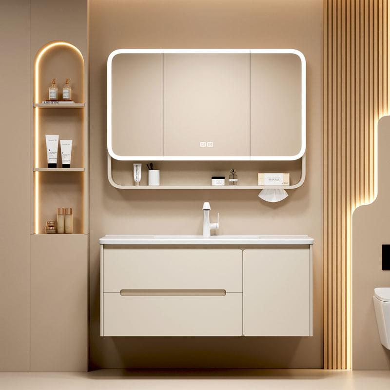 桦崟奶油风浴室柜组合化妆室不锈钢陶瓷一体洗脸洗手盆洗漱台美妆镜柜摆件饰品垫垫