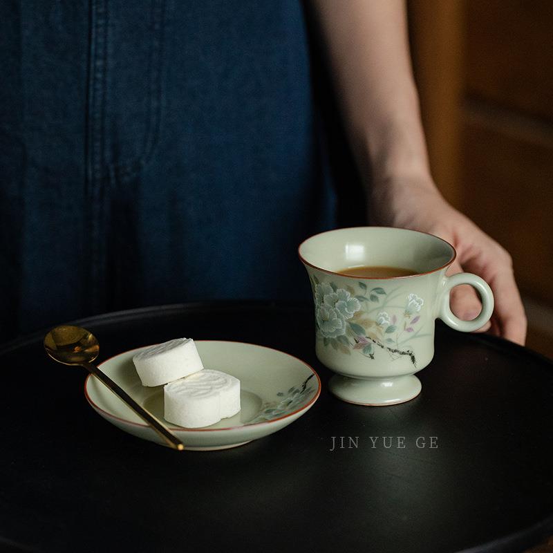 秘黄汝窑花鸟图复古咖啡杯办公陶瓷杯家用拿铁花茶小众茶杯有底托