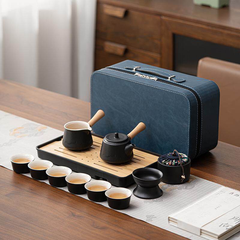 旅行茶具带茶盘侧把壶便携式功夫套装日式黑陶户外泡茶壶旅行套装