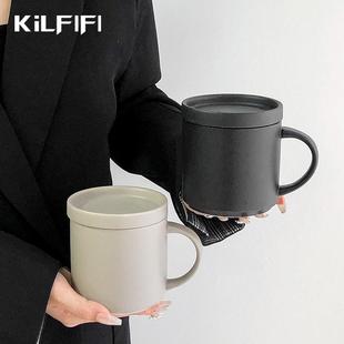 磨砂带盖杯子高级感小众家用喝水杯陶瓷办公室高颜值大容量马克杯