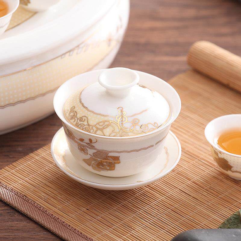12寸大号家用高档骨瓷陶瓷欧式轻奢盖碗潮州功夫茶具圆形茶盘套装