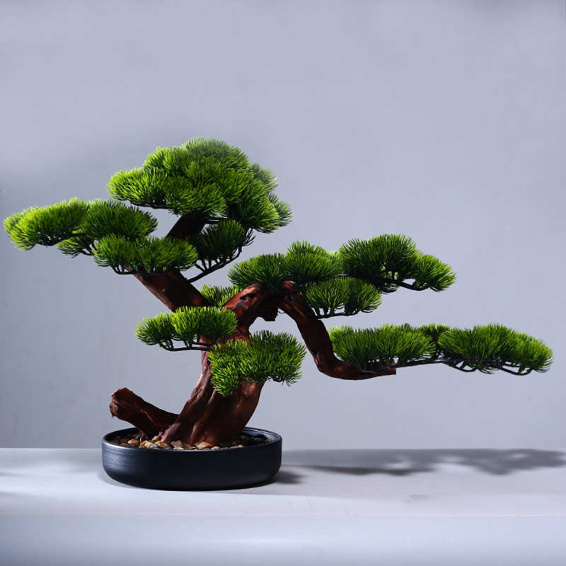 禅意迎客松盆景摆件家居博古架电视柜茶桌新中式仿真盆栽工艺装饰