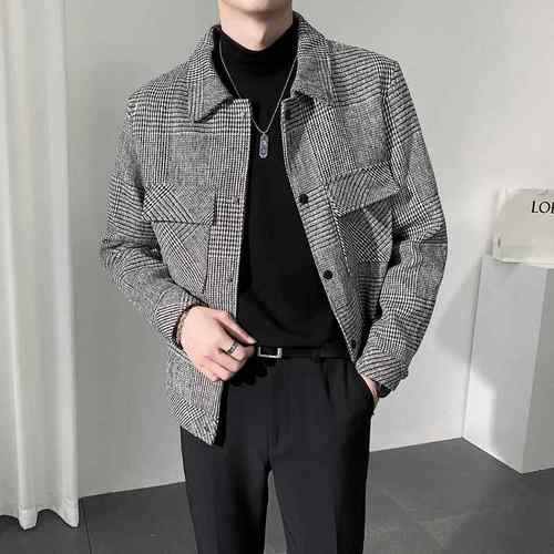 毛呢格子外套男秋冬款通勤新夹克衣服潮牌痞帅高级感男装秋1218e