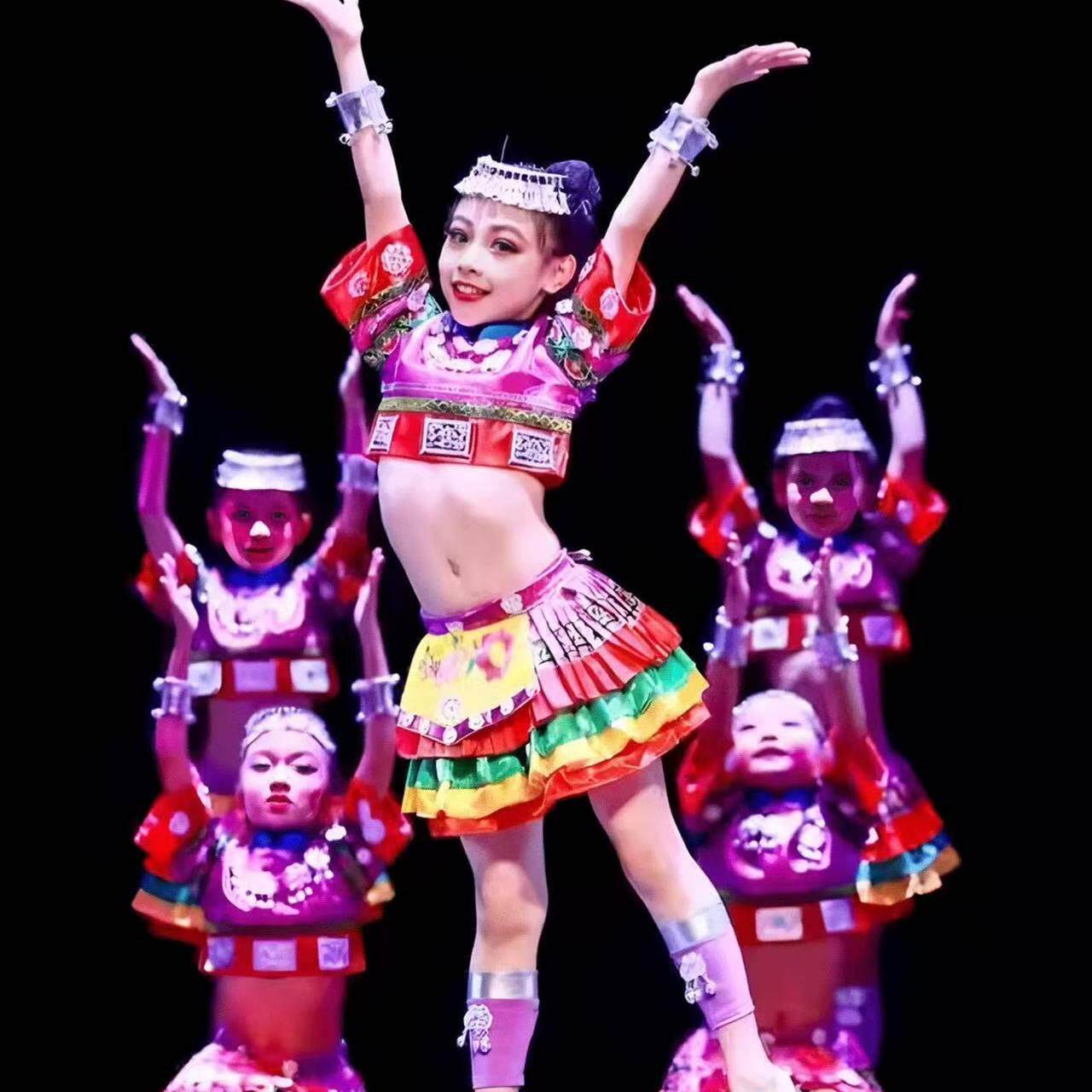 苗族儿童演出服苗妹妹舞蹈表演服女童少数民族彝族苗铃声声舞蹈服