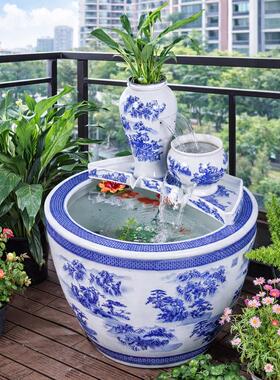 青花瓷水缸生态古法鱼缸客厅阳台金鱼缸瀑布循环流水造景过滤增氧
