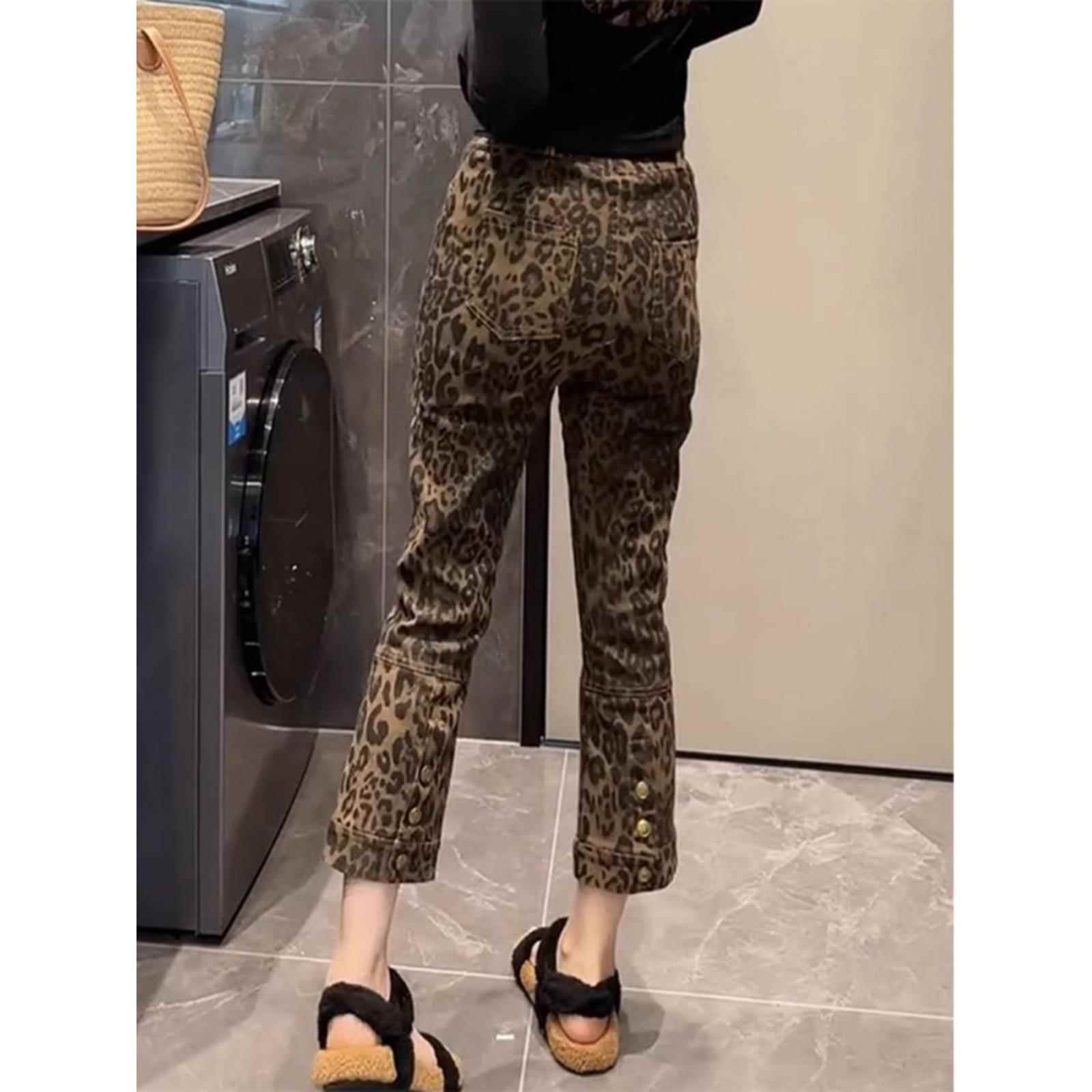 SPYB豹纹牛仔裤子女秋冬小个子梨形身材微胖美式烟管九分直筒裤子