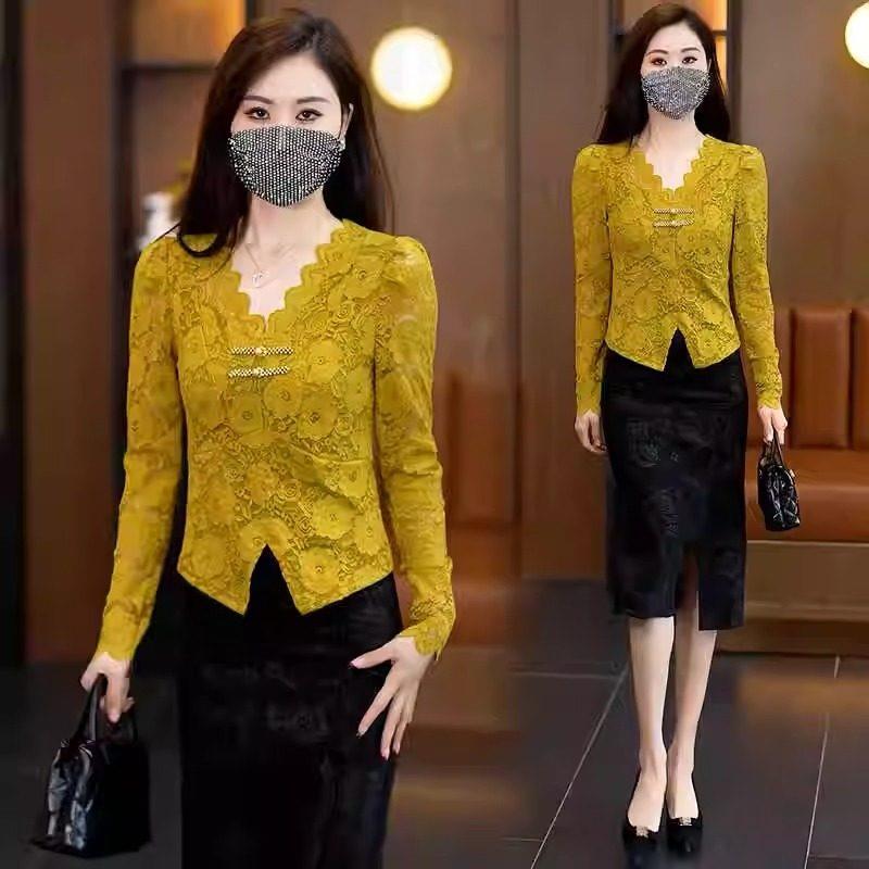 时尚套装女2025春秋新款洋气显瘦V领蕾丝上衣半身包臀裙两件套