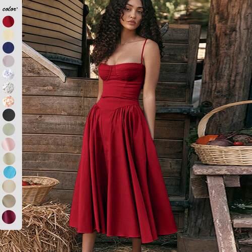 Strap, waist cinching, big swing dress, women's