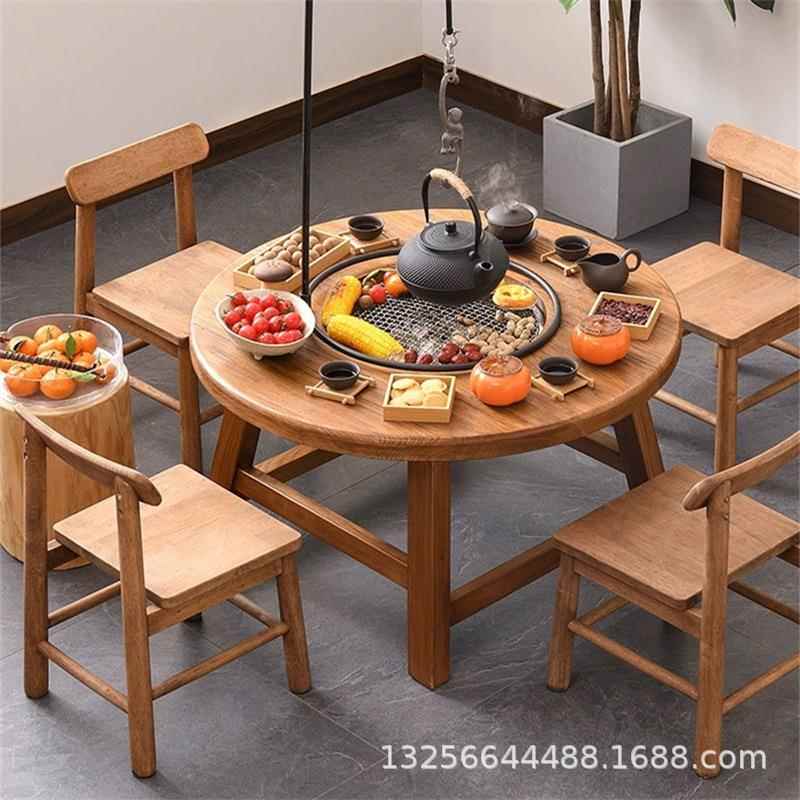 老榆木围炉煮茶桌家用阳台复古炭烤火炭炉小圆活户外茶几火锅桌
