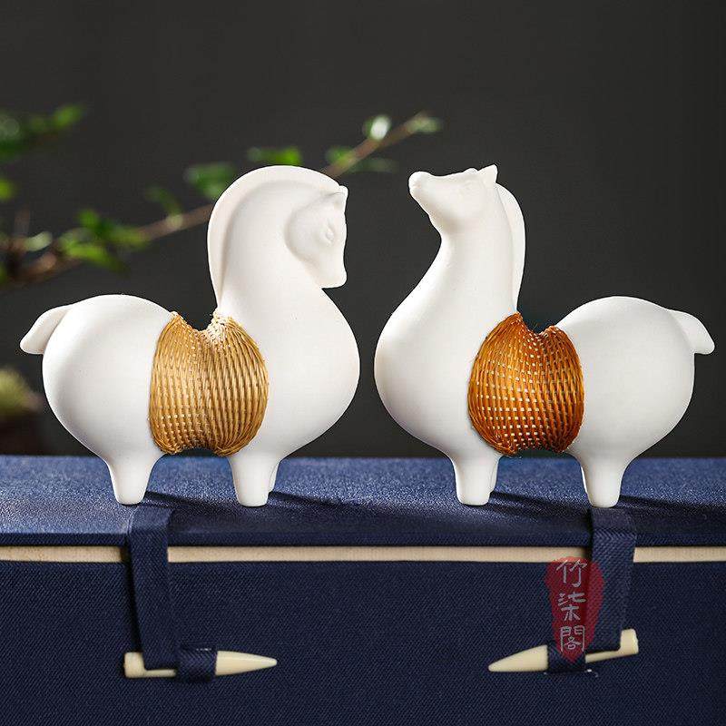 手工非遗竹丝扣瓷白瓷马造型摆件竹编工艺品办公茶台装饰送礼茶宠,特色手工艺,竹编/竹雕,淘宝优惠券,粉丝福利购,淘宝优惠卷