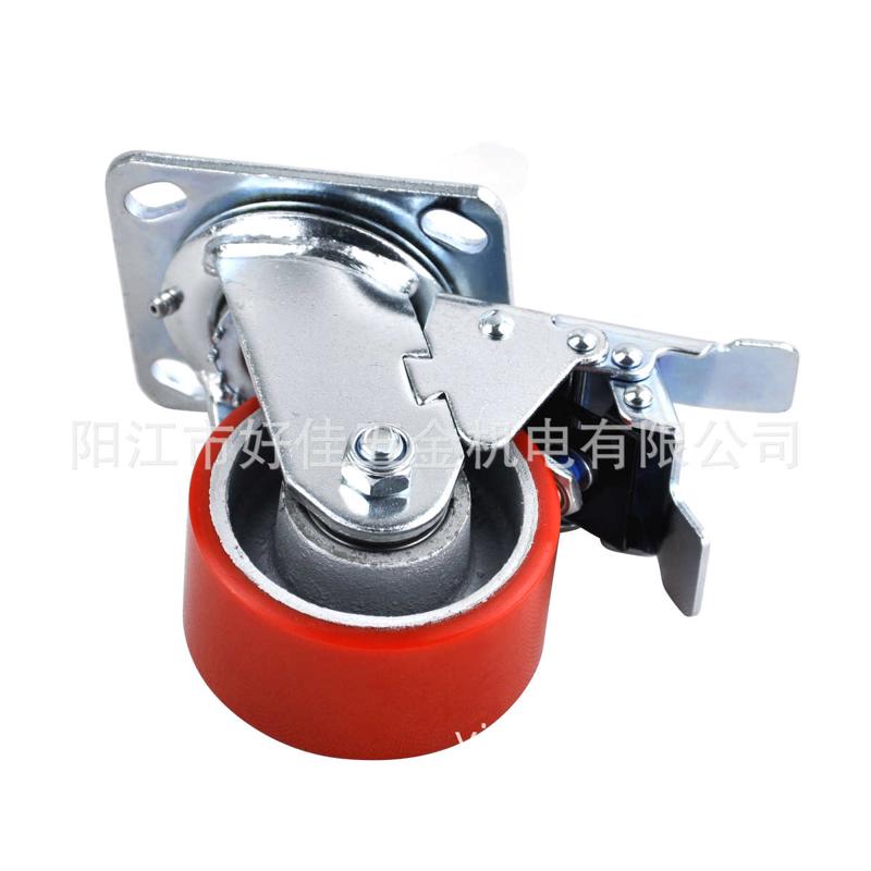 源头工厂供4X2重型静音双轴承铁芯氨脂（PU）调节螺母双刹车脚轮