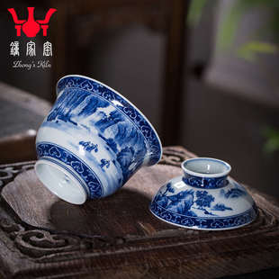 精品钟家窑景德镇手工手绘柴窑青花山水盖碗泡茶碗二才碗大号功夫