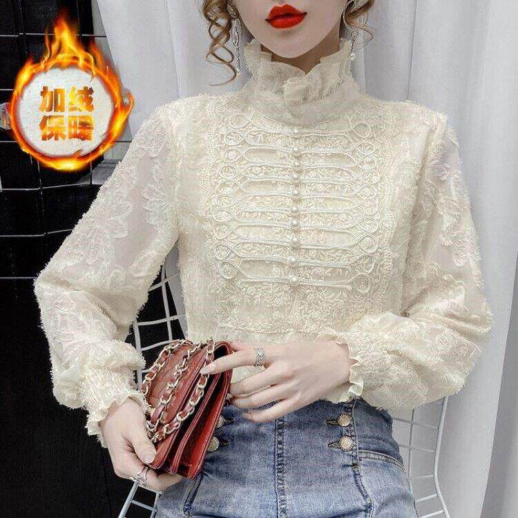 半高领打底衫女秋冬内搭2025新款洋派加绒加厚宽松保暖蕾丝上衣女
