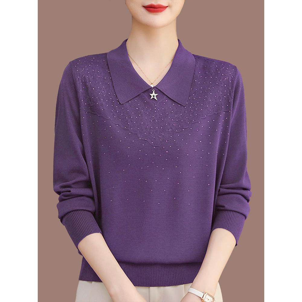 妈妈装新款桑蚕丝长袖t恤女大码气质翻领春秋薄款针织打底衫上衣