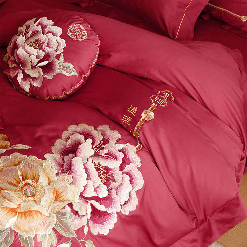 牡丹女方婚庆100S长绒棉四件套纯棉全棉结婚双人床单新婚床盖床品,床上用品,婚庆床品套件,淘宝优惠券,粉丝福利购,淘宝优惠卷