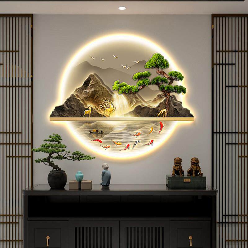 中式玄关装饰画入户正对门山水画led带灯走廊过道挂画迎客松壁画