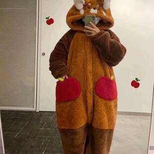 小浣熊睡衣女款冬季睡袍珊瑚绒加厚加绒长款连体秋冬天家居服套装