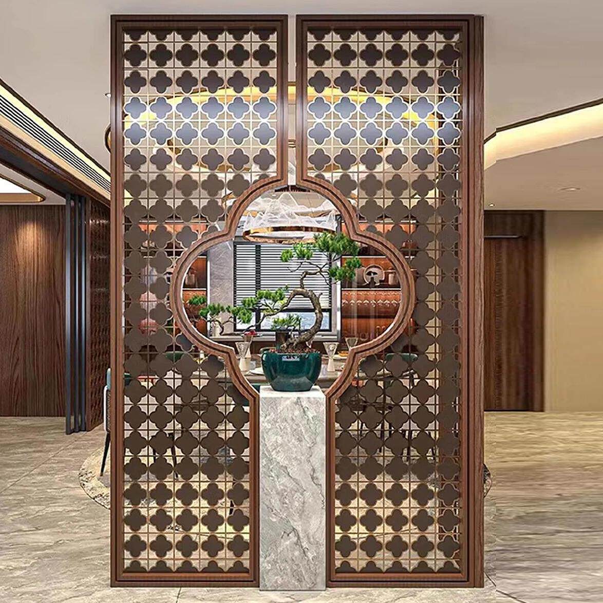 客厅入户不锈钢屏风花格新中式金属隔断镂空格栅酒店大堂玄关装饰