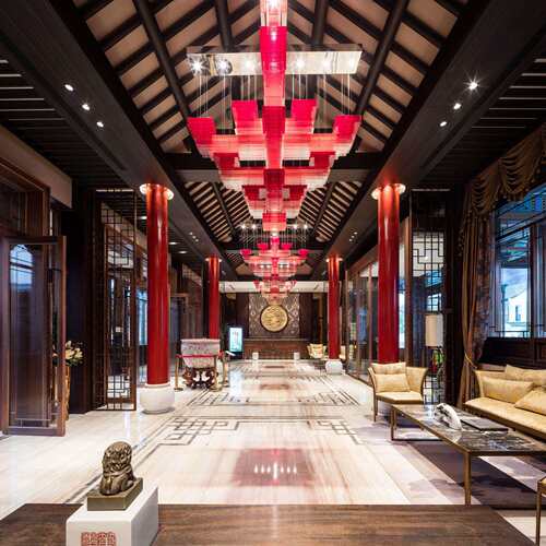 红色亚克力片现代中式客厅中庭酒店大堂大厅工程工程非标高端