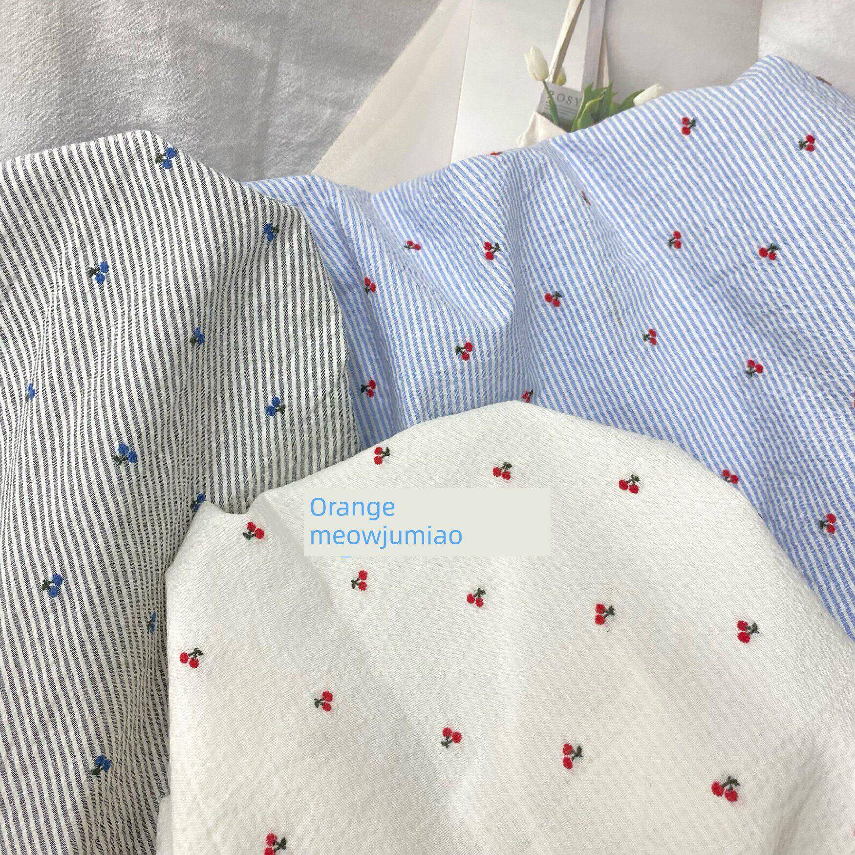 橙色猫朱妙田园条纹樱桃提花水洗皱织物春秋季服装织物手工发带