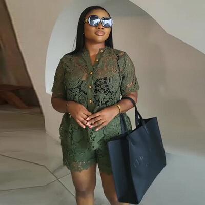 欧美女装2025夏季新款甜美清新蕾丝立领短袖衬衫高腰短裤两件套