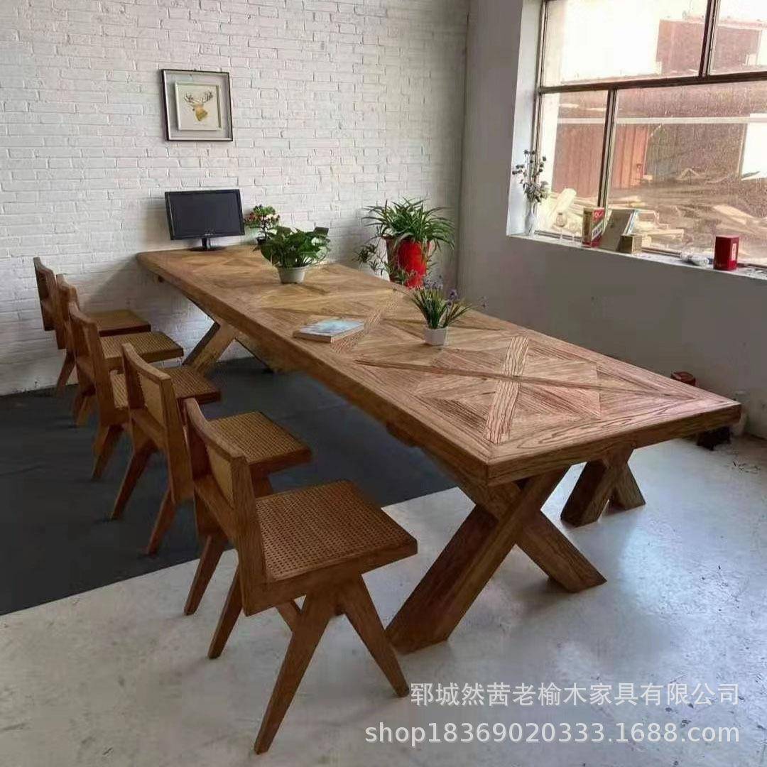 新中式老榆木长拼花餐桌户型多人小位泡茶桌实木方形仙餐餐桌桌椅