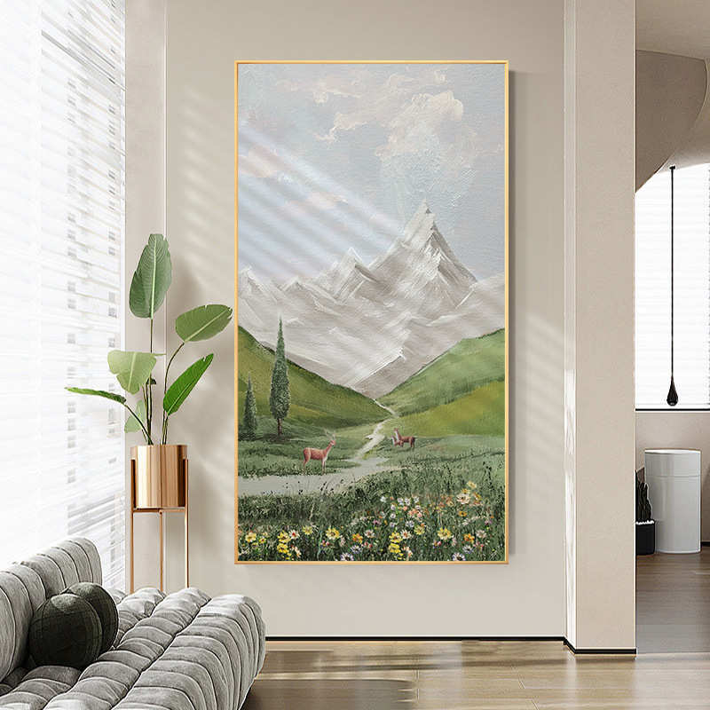 手绘油画山水风景入户玄关装饰画福鹿走廊过道挂画侘寂风玄幻壁画图片