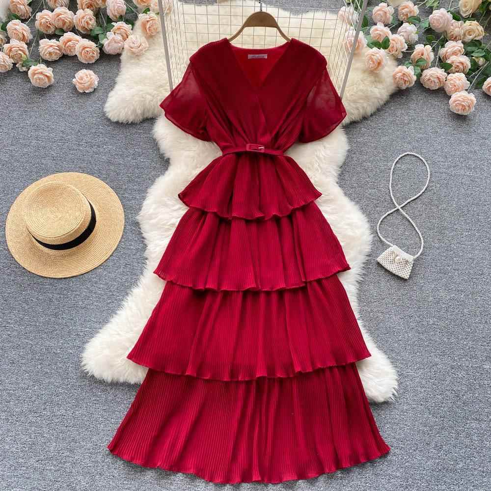 summer for dress chiffon ruffled -line waist pleated flared