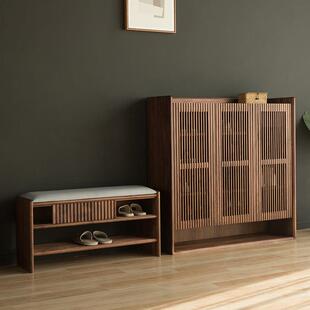 柜 北欧现代黑胡桃木实木入户格栅玄关柜轻奢简约大容量对开门鞋