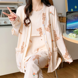 带胸垫月子服三件套春秋季产后3月份4哺乳期，喂奶春夏薄款孕妇睡衣