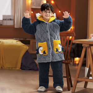 冬季男童加厚睡衣三层夹棉加绒长毛绒中长款可外穿保暖家居服套装